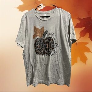 Bella Canvas Leopard Pumpkin Light Gray Crewneck Fall Inspirational Tee size L